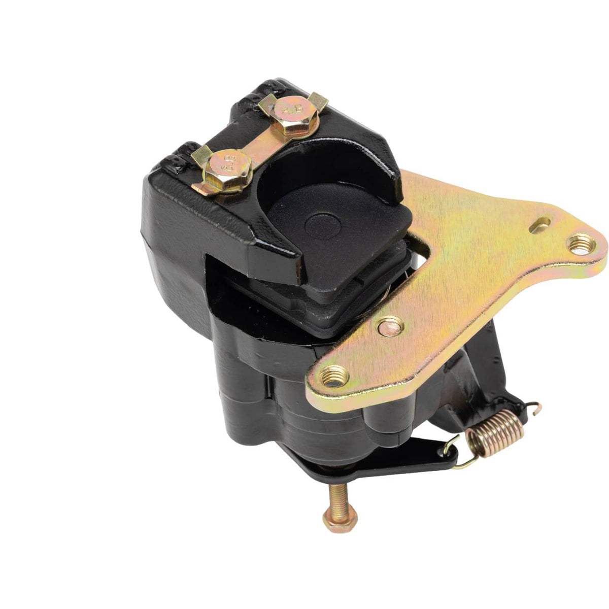 Rear brake caliper with black body, round pad surface, and gold mounting tab