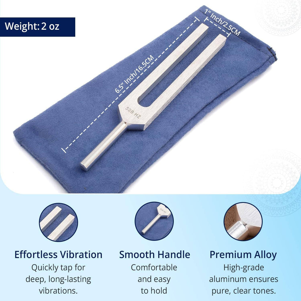 528 Hz tuning fork in blue pouch, silver fork handle and prong plate