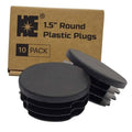 Round dark gray plastic plug caps with stacked ribbed edges, 1.5 in size