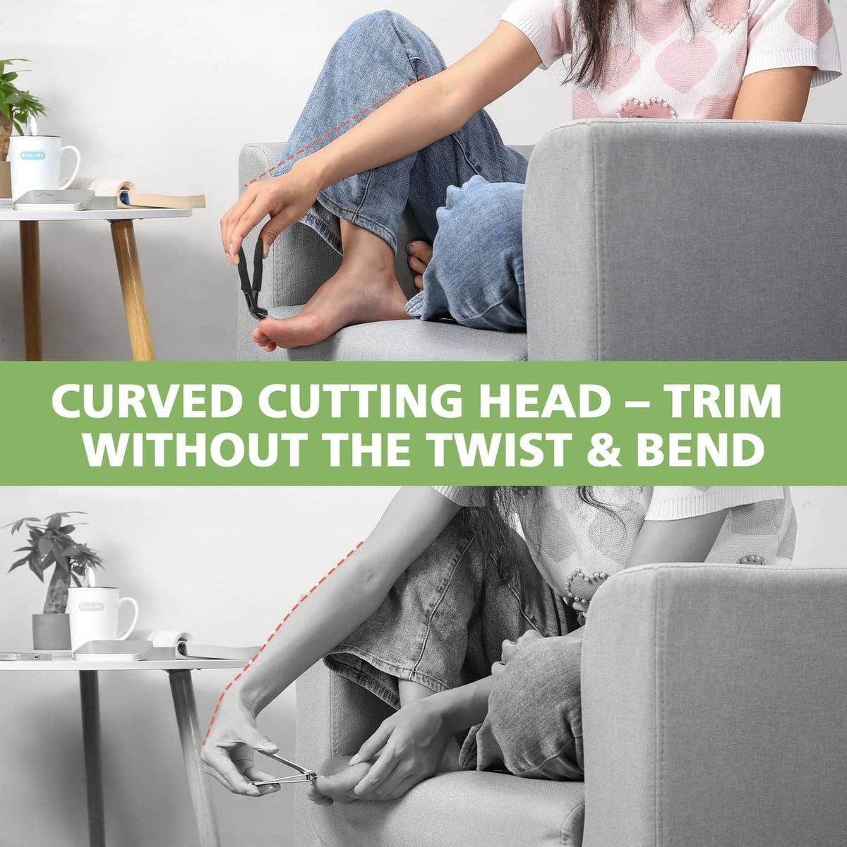 Black toenail clipper with curved cutting head for trimming nails