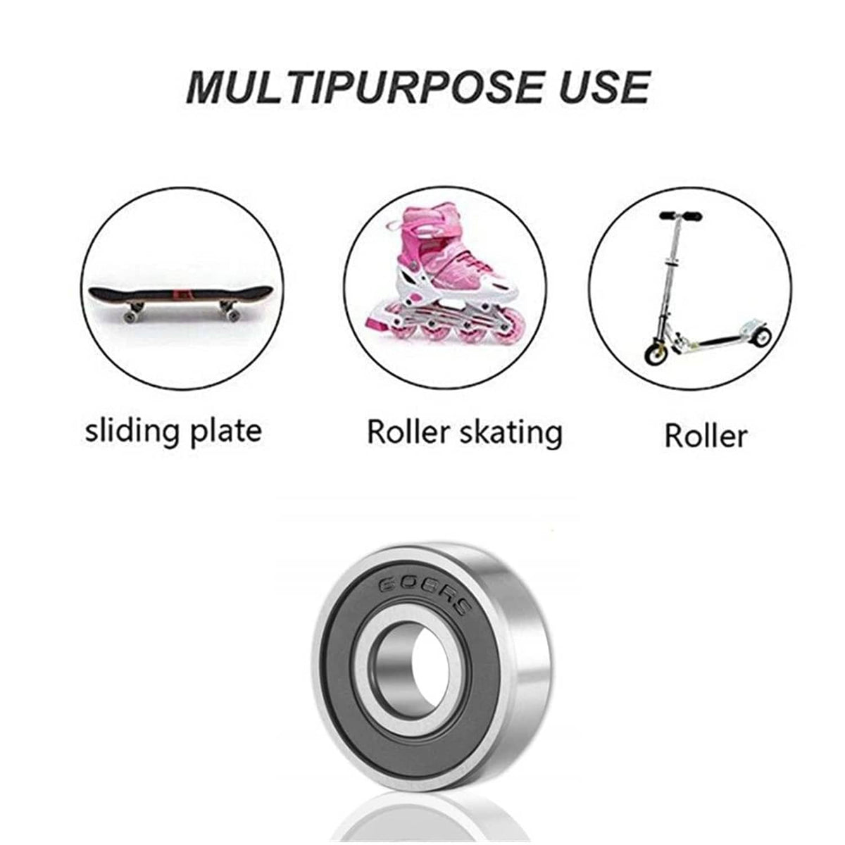 608 2RS ball bearing with double rubber seal, multipurpose use icons above