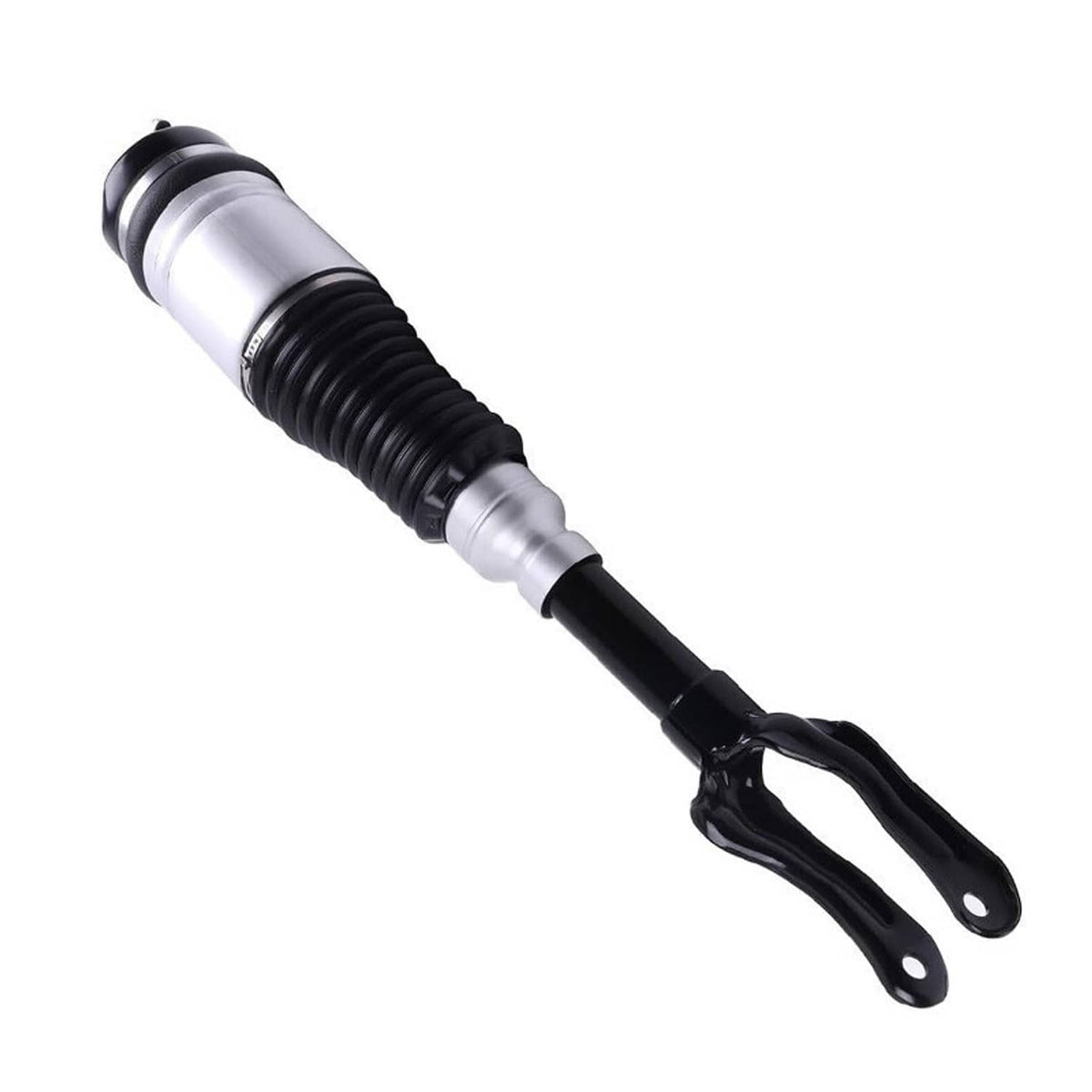 Air suspension strut with silver shock body, black bellows, and forked lower bracket