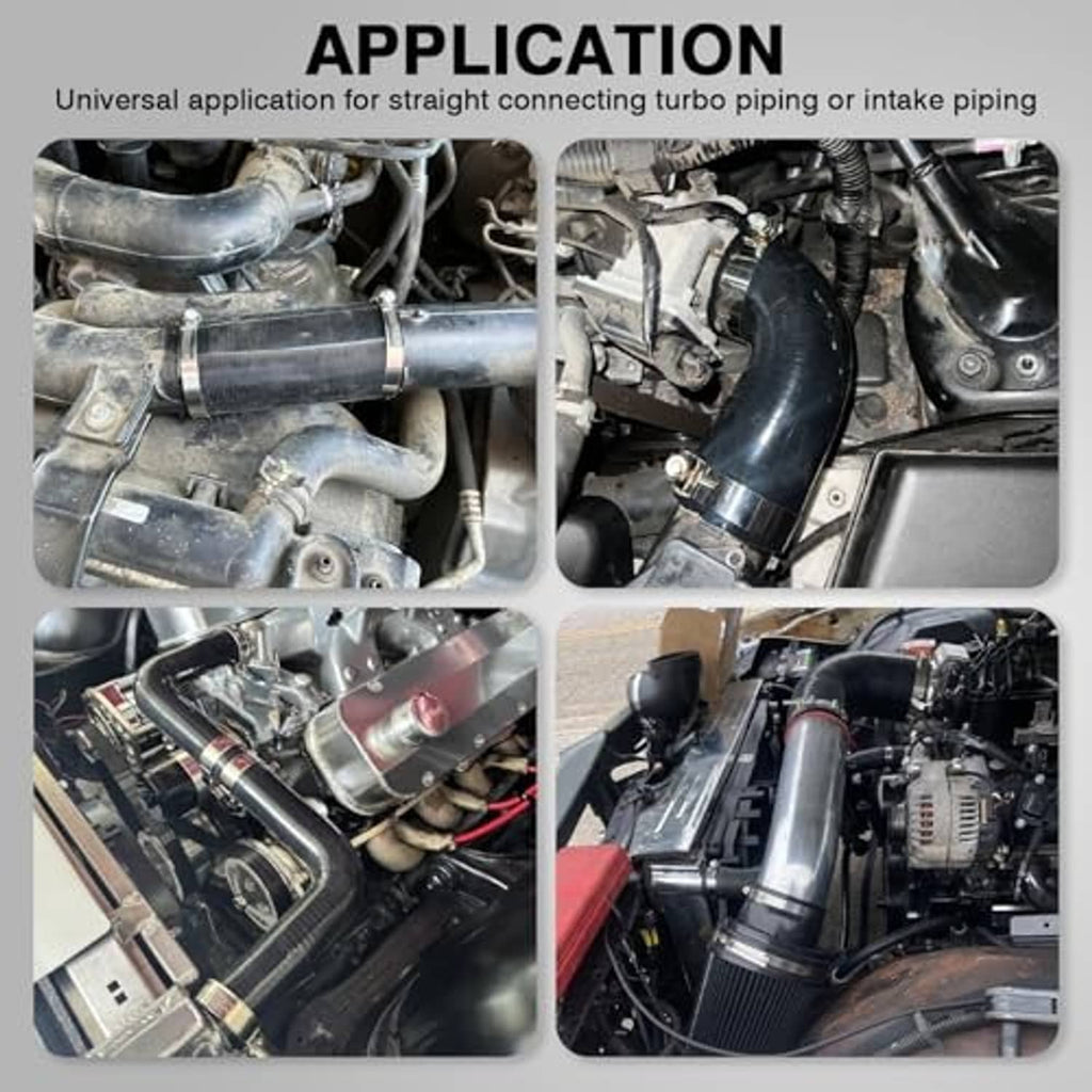 Silicone coupler hose installed in a vehicle engine bay with clamps attached.