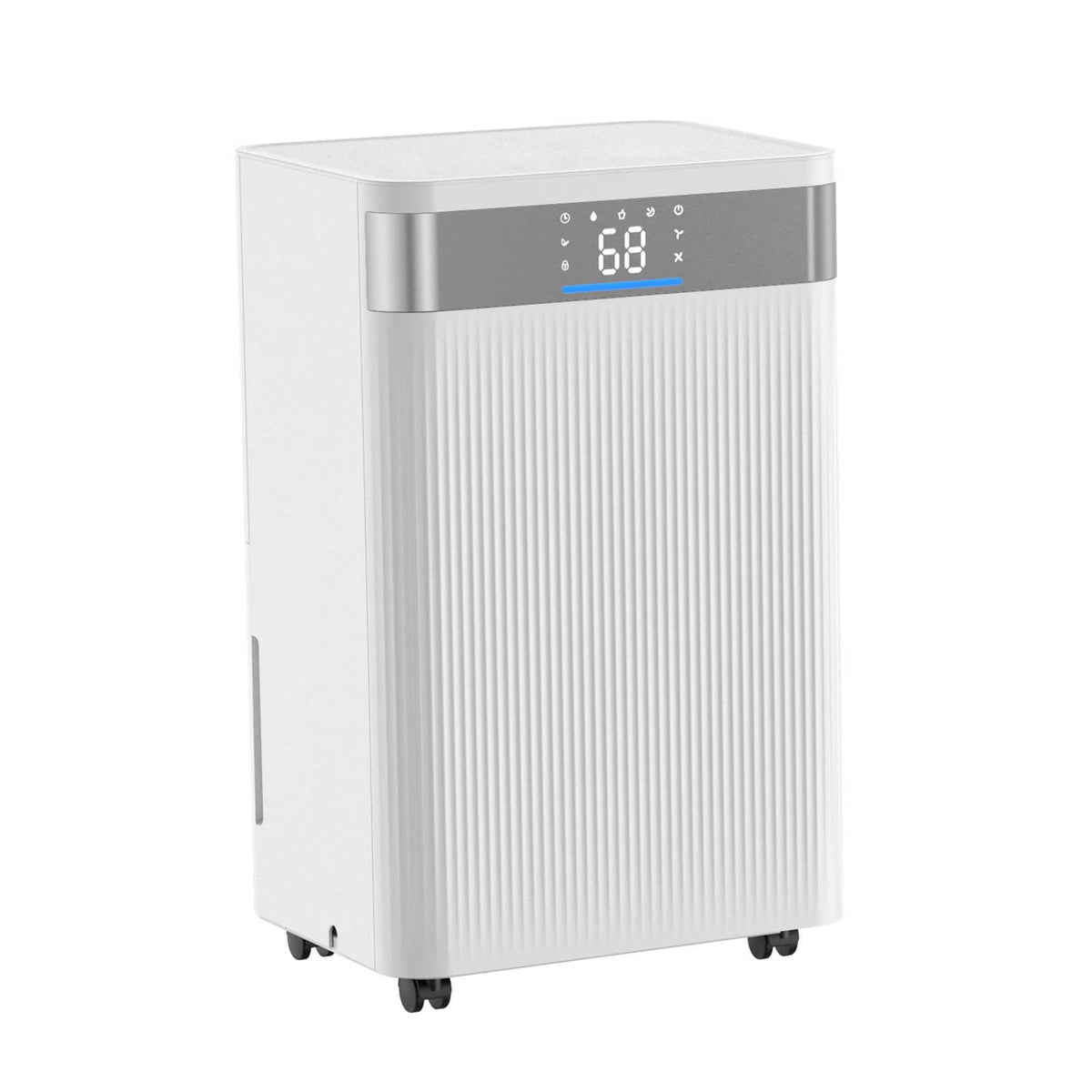 Uimoso dehumidifier front view in white with blue LED display and caster wheels