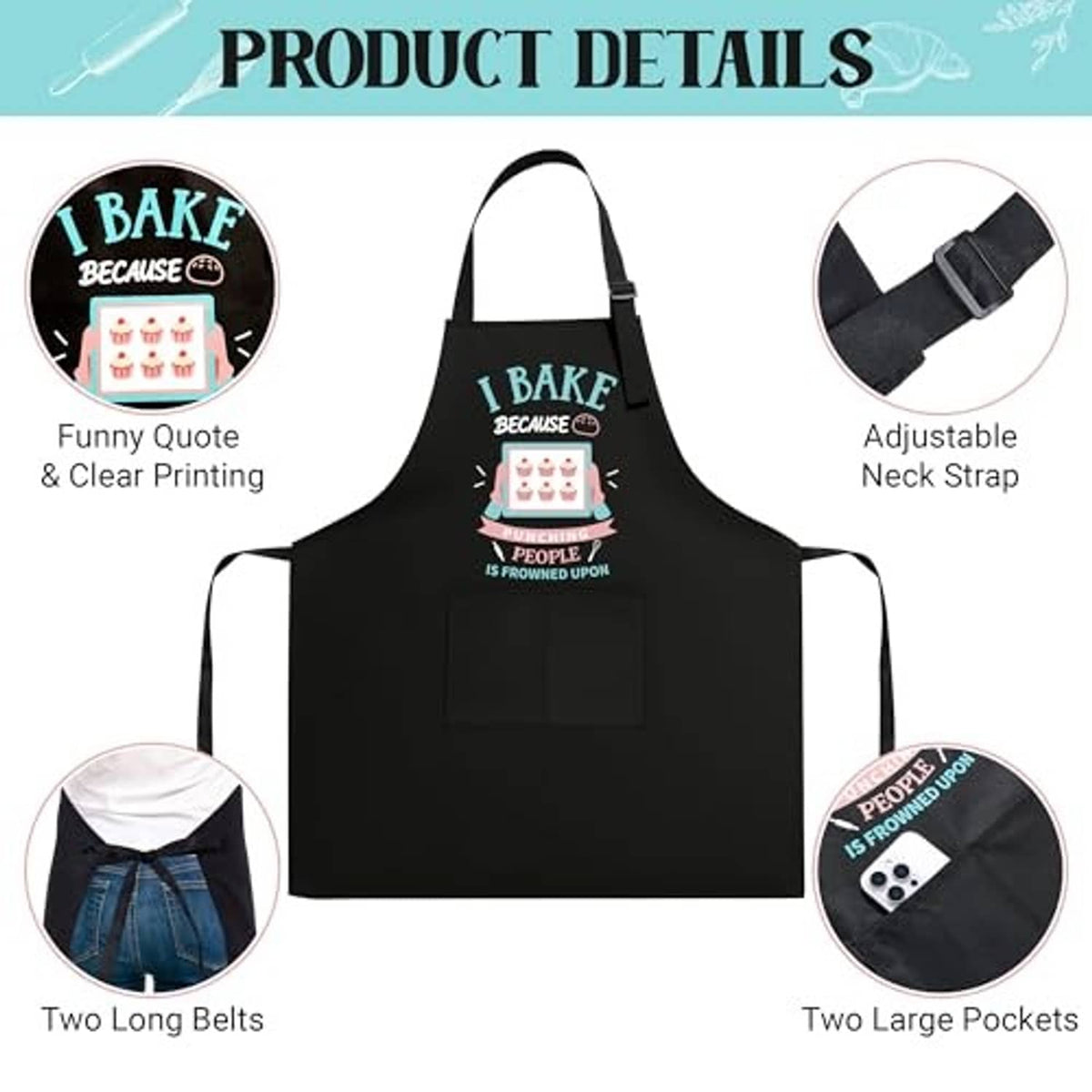 Black baking apron with I Bake print, adjustable neck strap and two large pockets