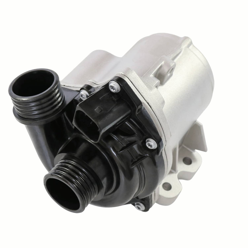 Electric water pump, three-quarter view, black plastic cover and silver metal body