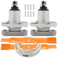Mower spindle assembly kit with two gray housings, black boots, and mounting bolts.