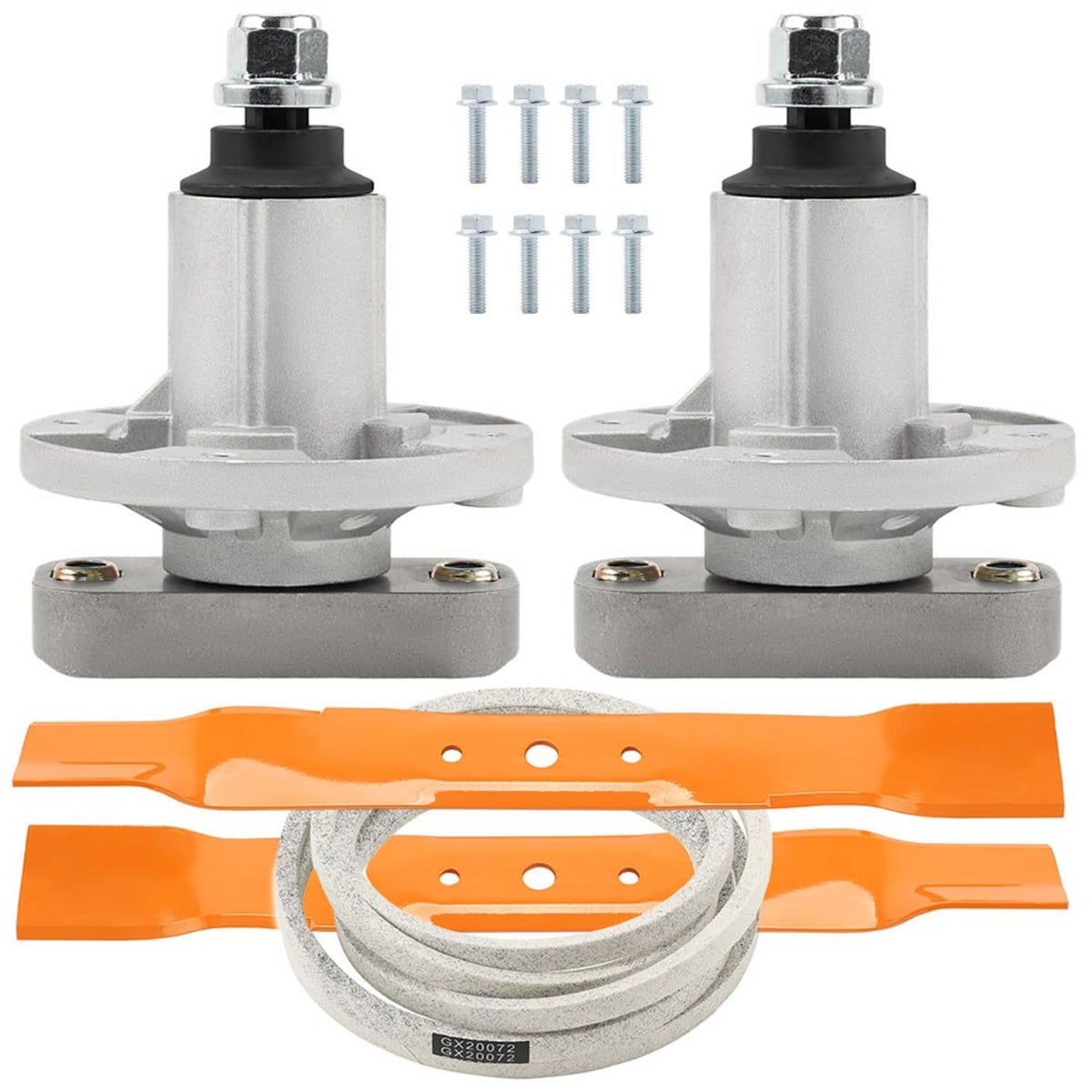 Mower spindle assembly kit with two gray housings, black boots, and mounting bolts.