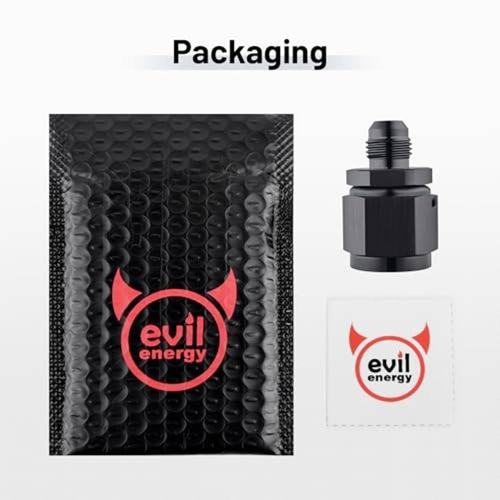 Black anodized flare adapter fitting shown with boxed packaging components