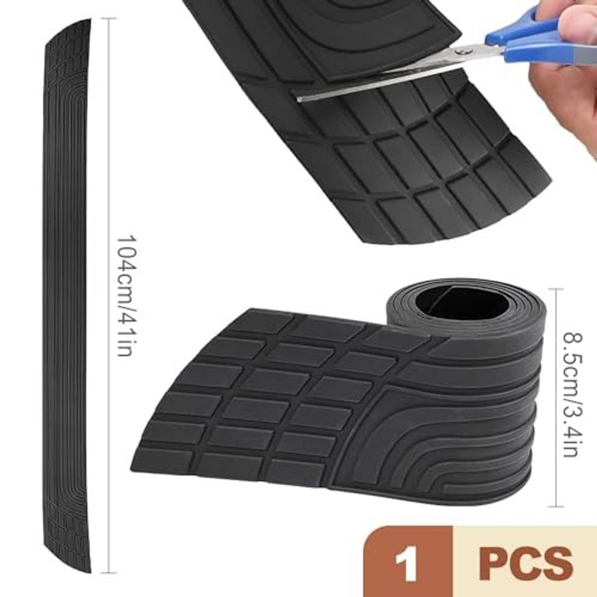Black rubber car door sill protector set with textured grid pattern and curved edge.