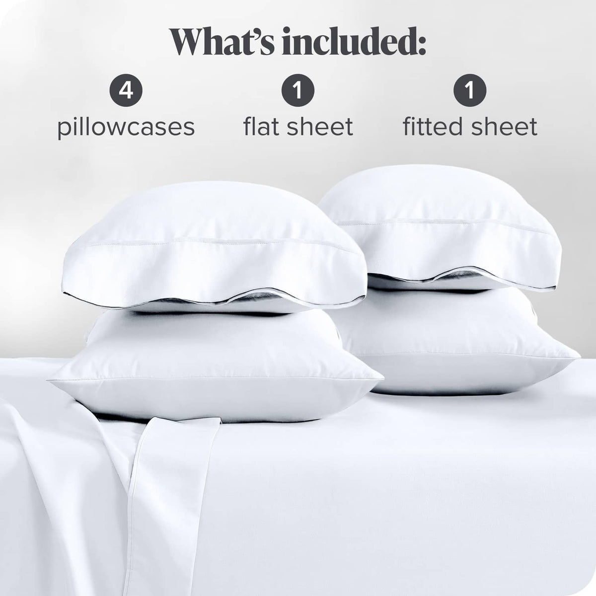 White bed linen pieces showing pillowcases, flat sheet, and fitted sheet