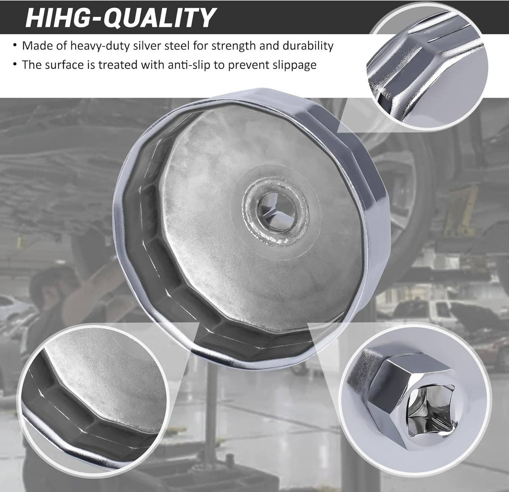 Fluted oil filter cap wrench socket with hex drive, shown from multiple angles