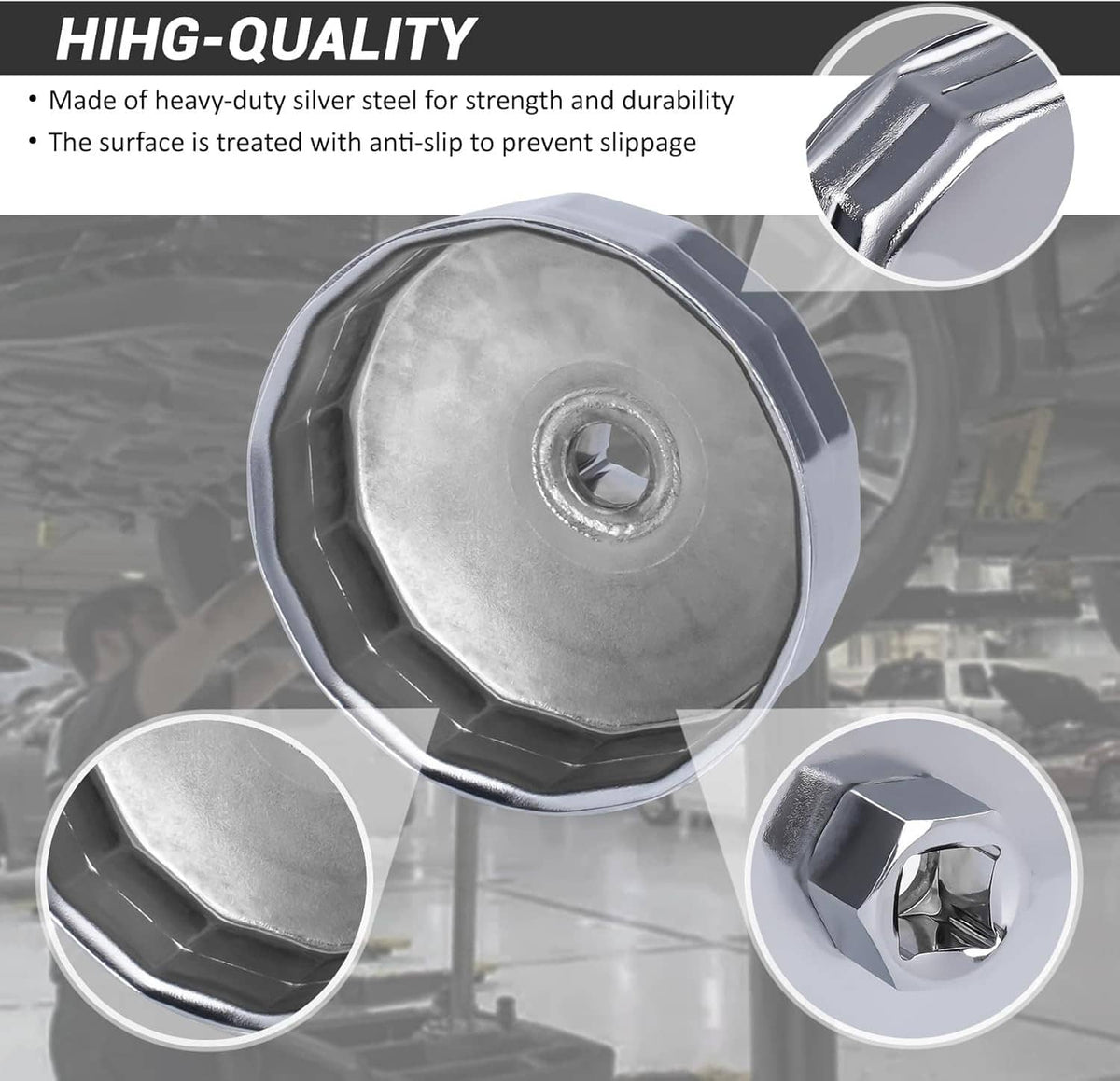Fluted oil filter cap wrench socket with hex drive, shown from multiple angles