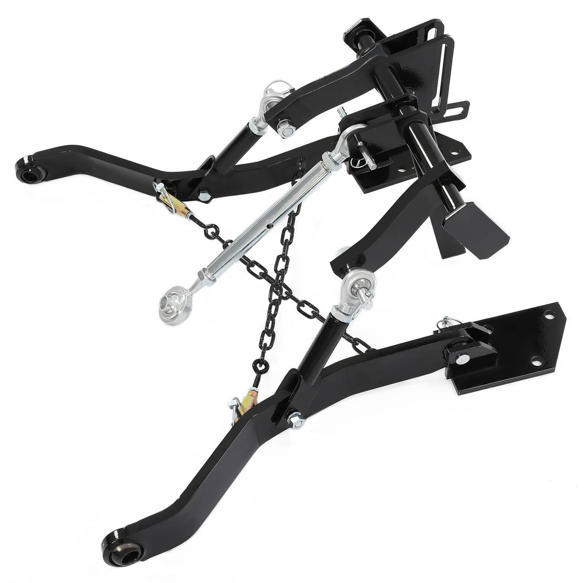 Rear 3-point hitch kit with black arms, chain assemblies, and center lift linkage