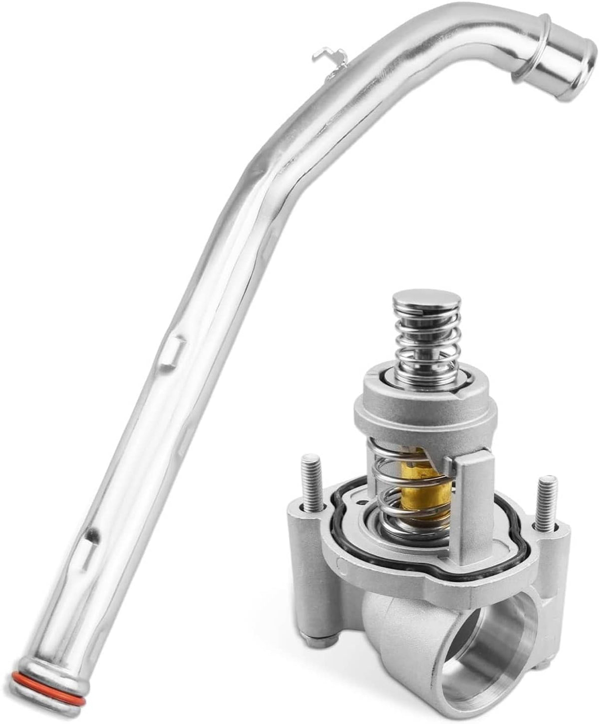 Thermostat housing assembly with metal valve and mounting bolts, chrome finish