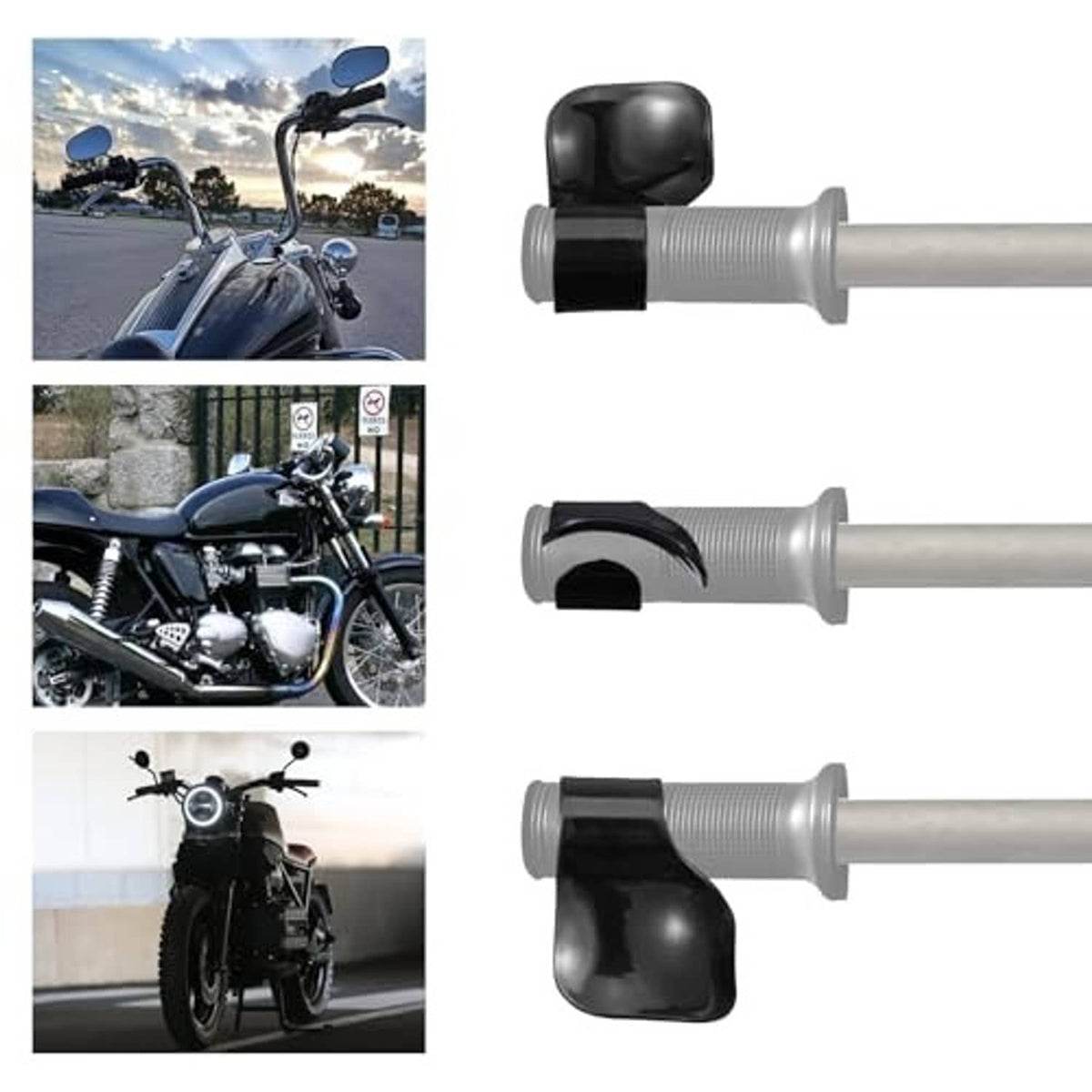 Black and grey motorcycle throttle assist grip covers, curved sleeves
