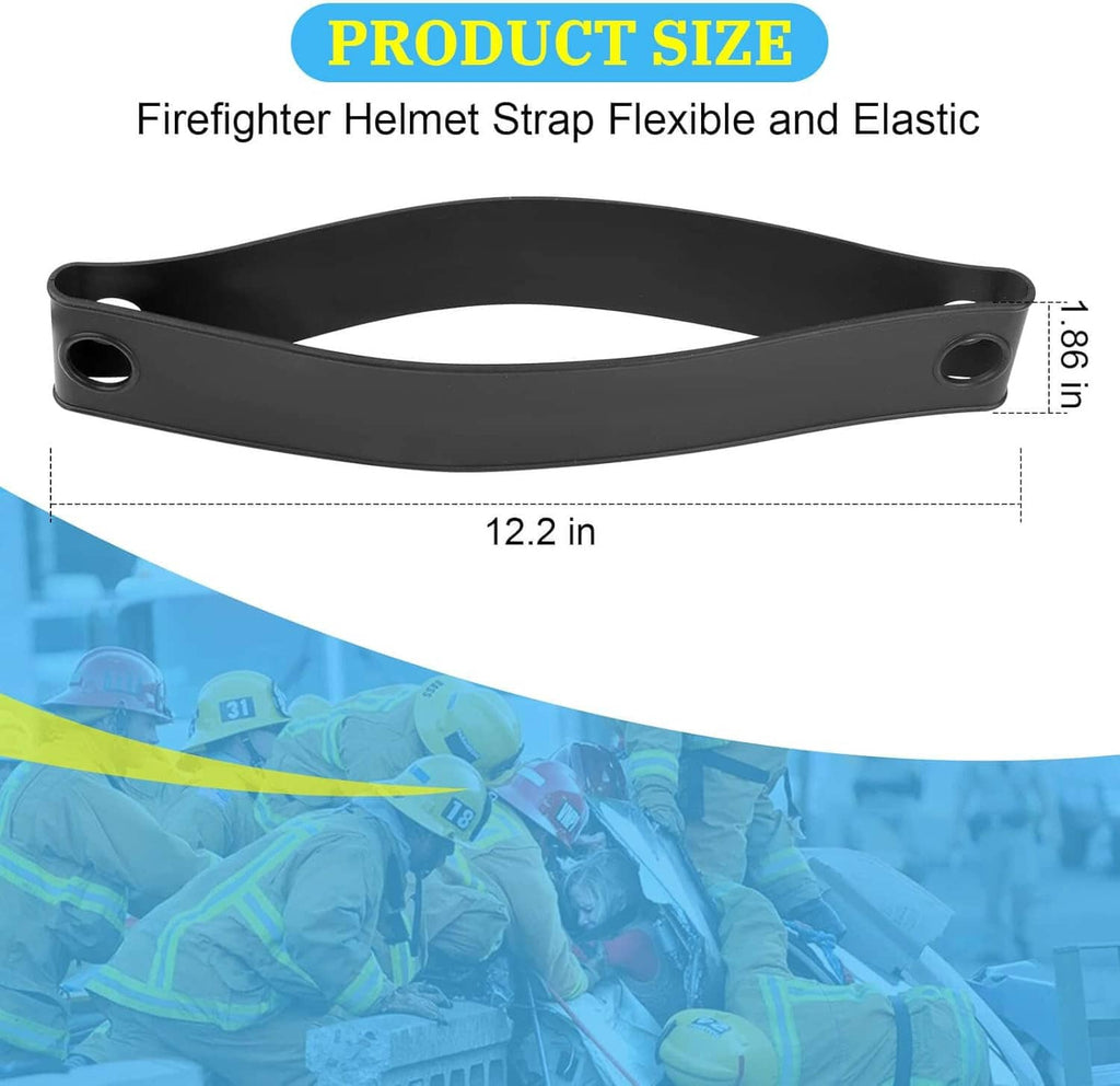 Black flexible helmet strap band with two side grommet holes, shown flat