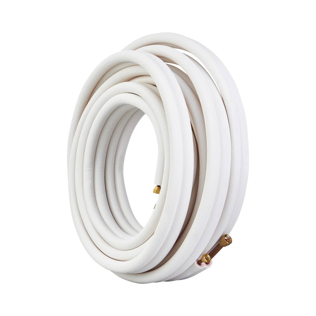 Looped insulated mini-split copper tubing line set with brass connector ends, white insulation.