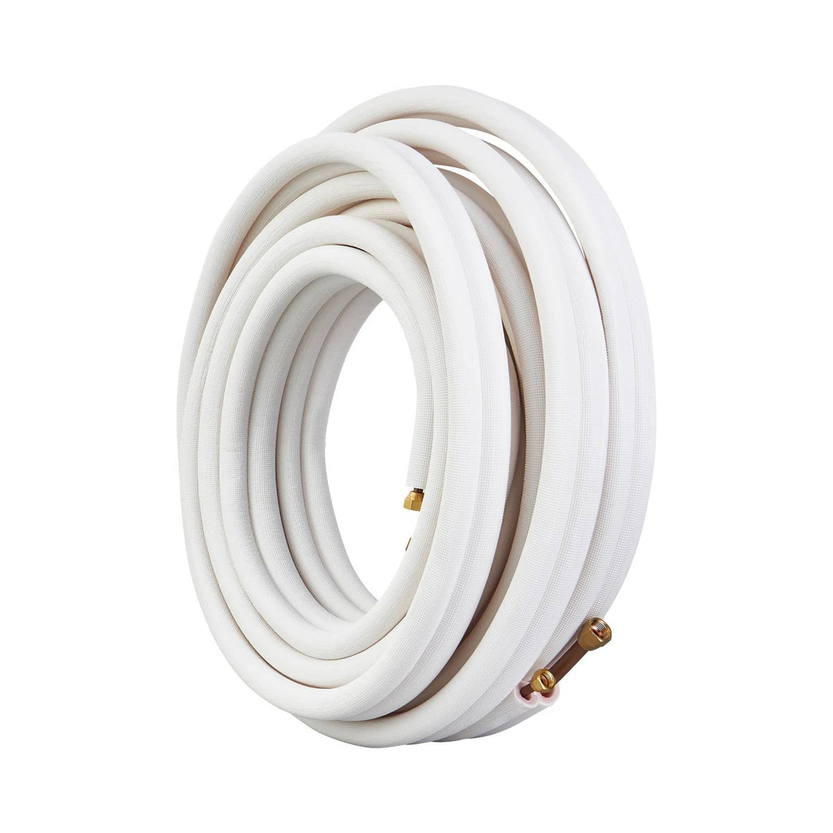 Looped insulated mini-split copper tubing line set with brass connector ends, white insulation.