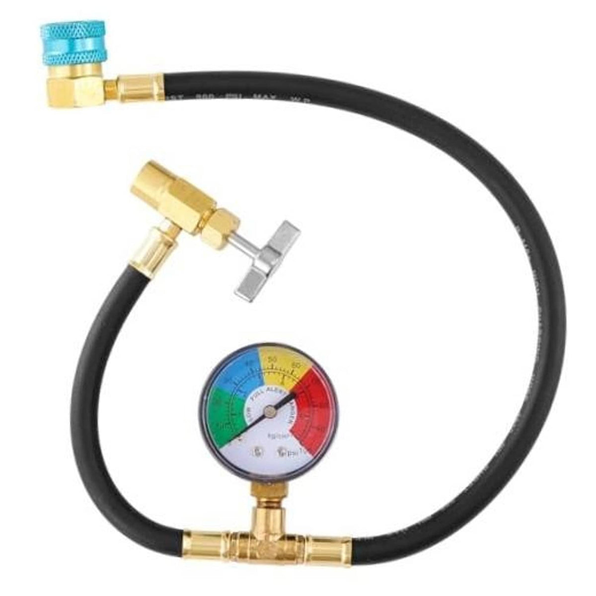 R1234yf refrigerant charging hose kit with brass fittings and pressure gauge