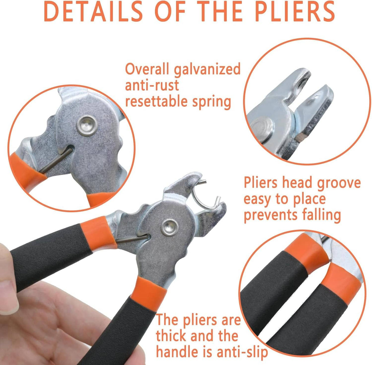 Galvanized straight hog ring pliers with anti-rust spring and anti-slip thick handle