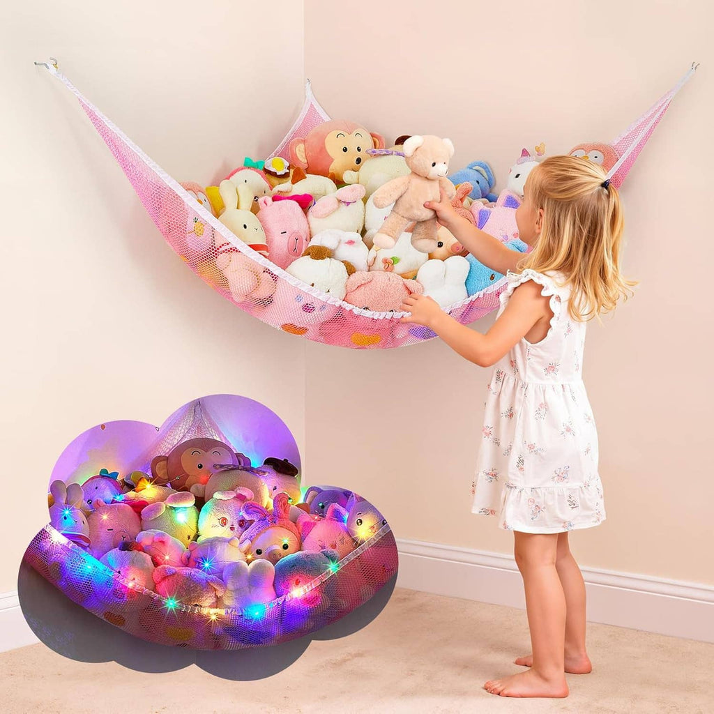 Pink plush toy hammock net organizer with stuffed animals and multicolor LED lights