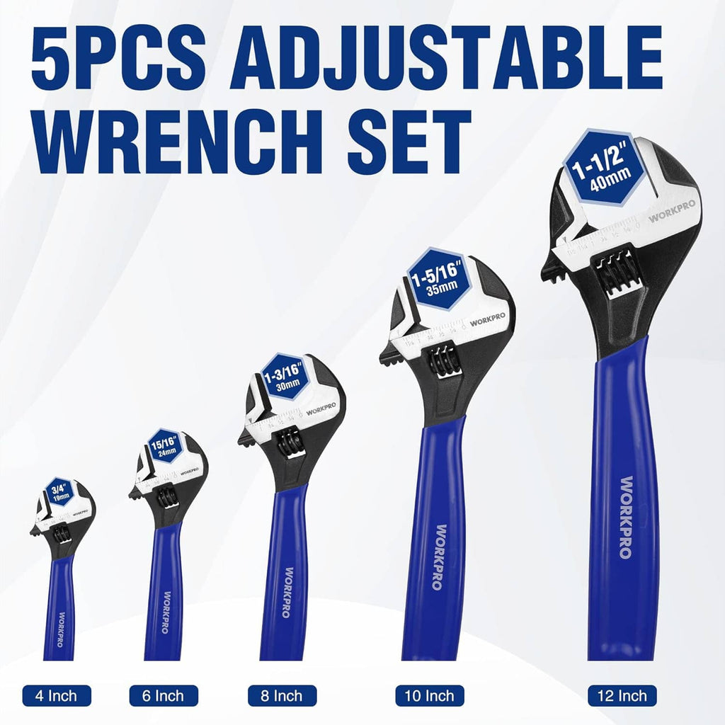 5-piece adjustable wrench set with blue handles in 4, 6, 8, 10, and 12 inch sizes