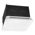 Ceiling bathroom ventilation fan with white LED light panel and black housing