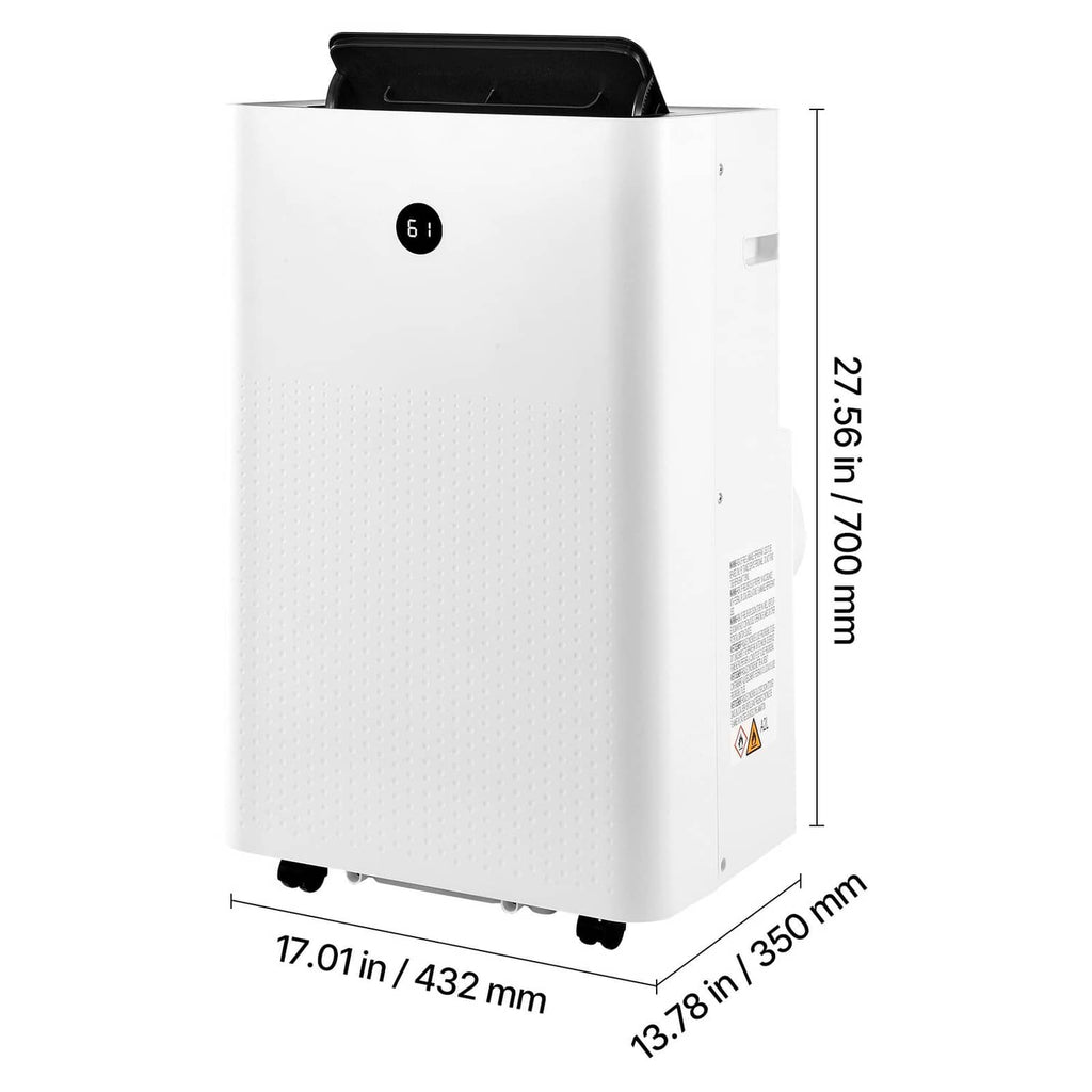 White portable air conditioner side view with front grille and caster wheels