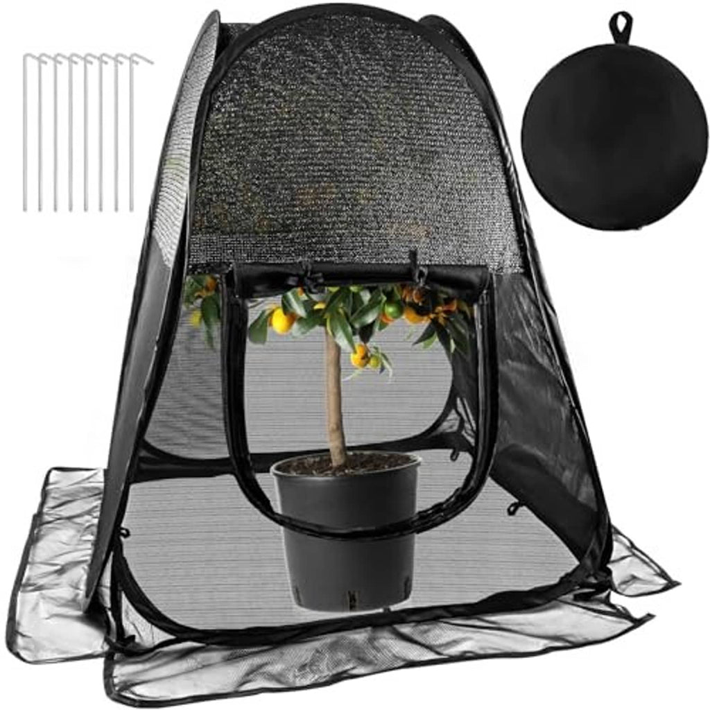 Black pop-up mesh plant shade tent with zip door, front window, and hanging round flap