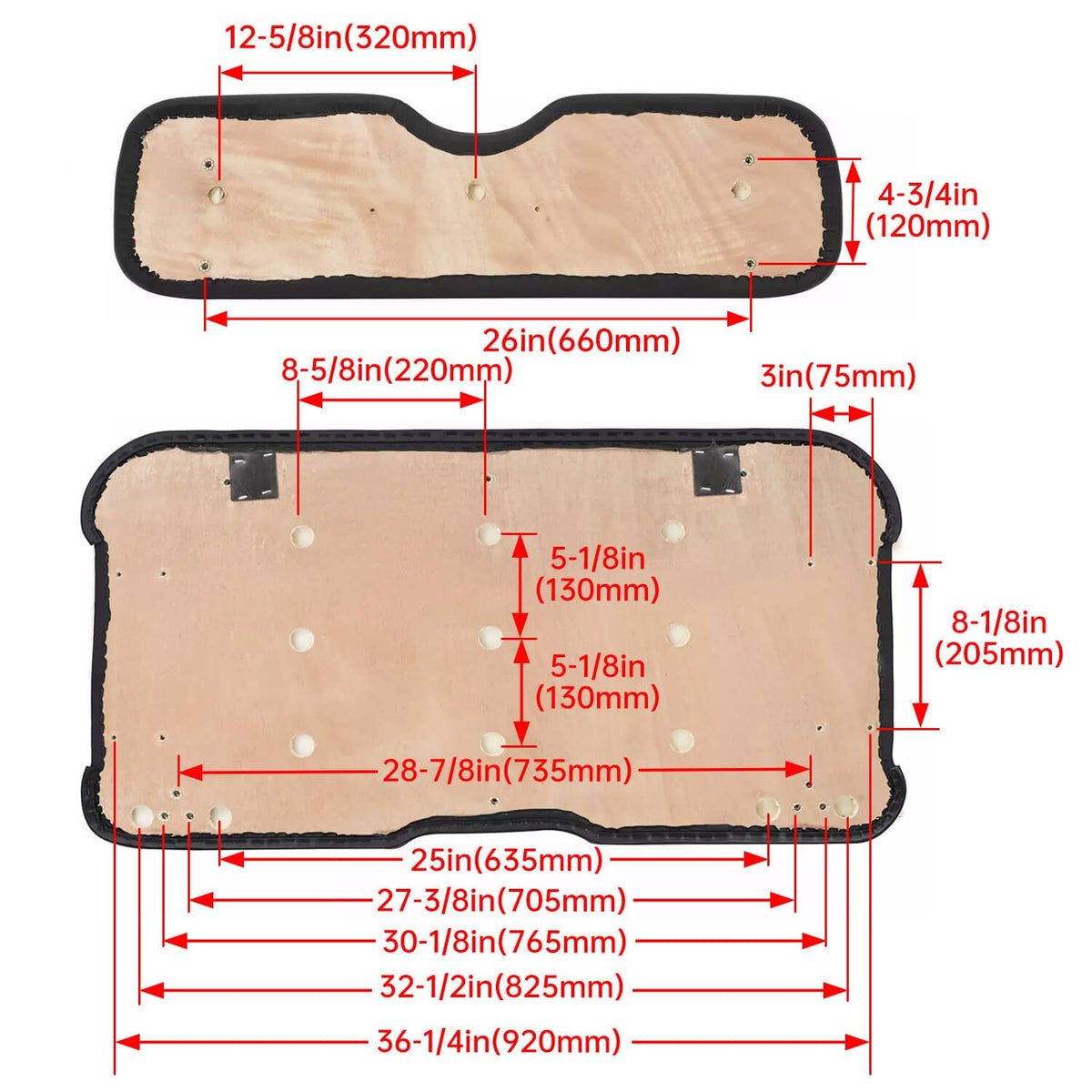 Black underside mounting panels and straps for seat bottom and backrest cushions