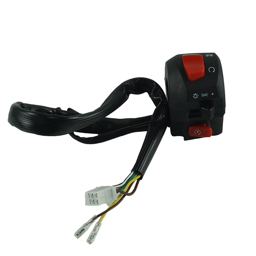 Motorcycle handlebar switch with black housing, red button, and wire harness with connectors