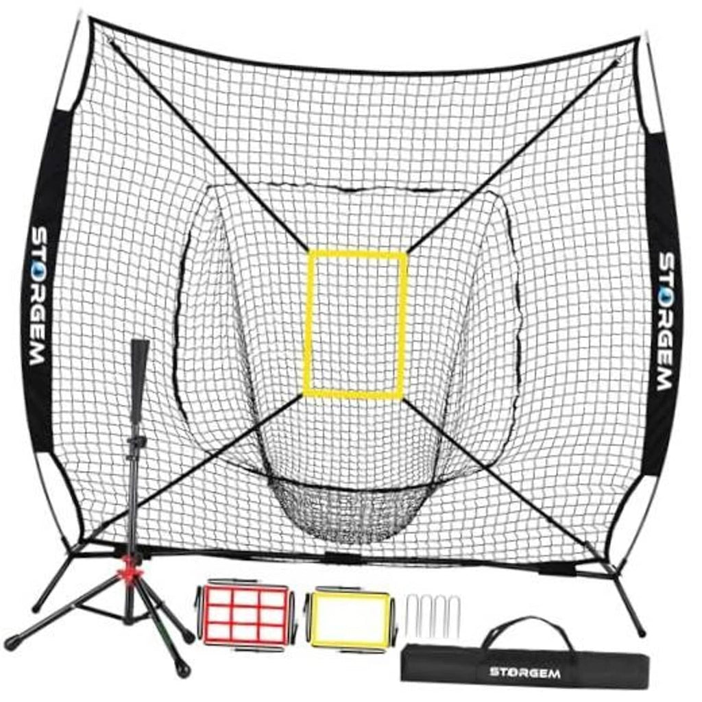 Black baseball/softball practice net with yellow strike-zone target square and frame