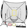 Black baseball/softball practice net with yellow strike-zone target square and frame