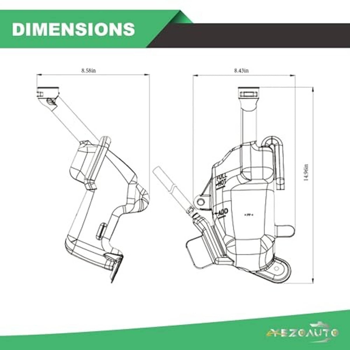 Coolant reservoir dimensions diagram with side and front measurement lines