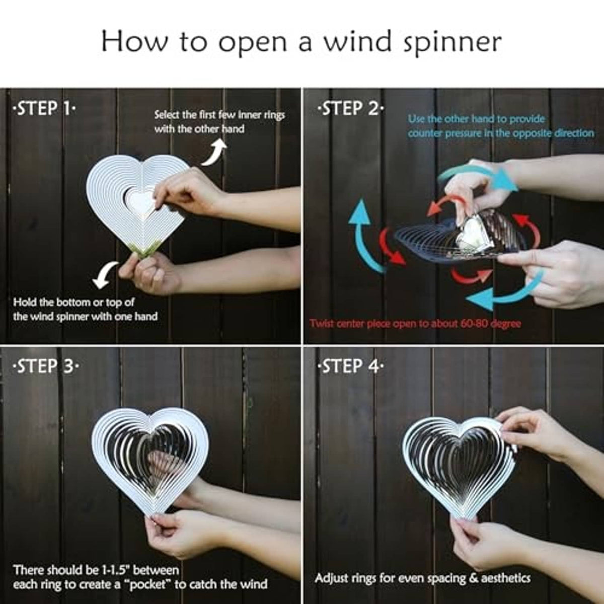 Heart-shaped wind spinner with concentric rings and hanging chain