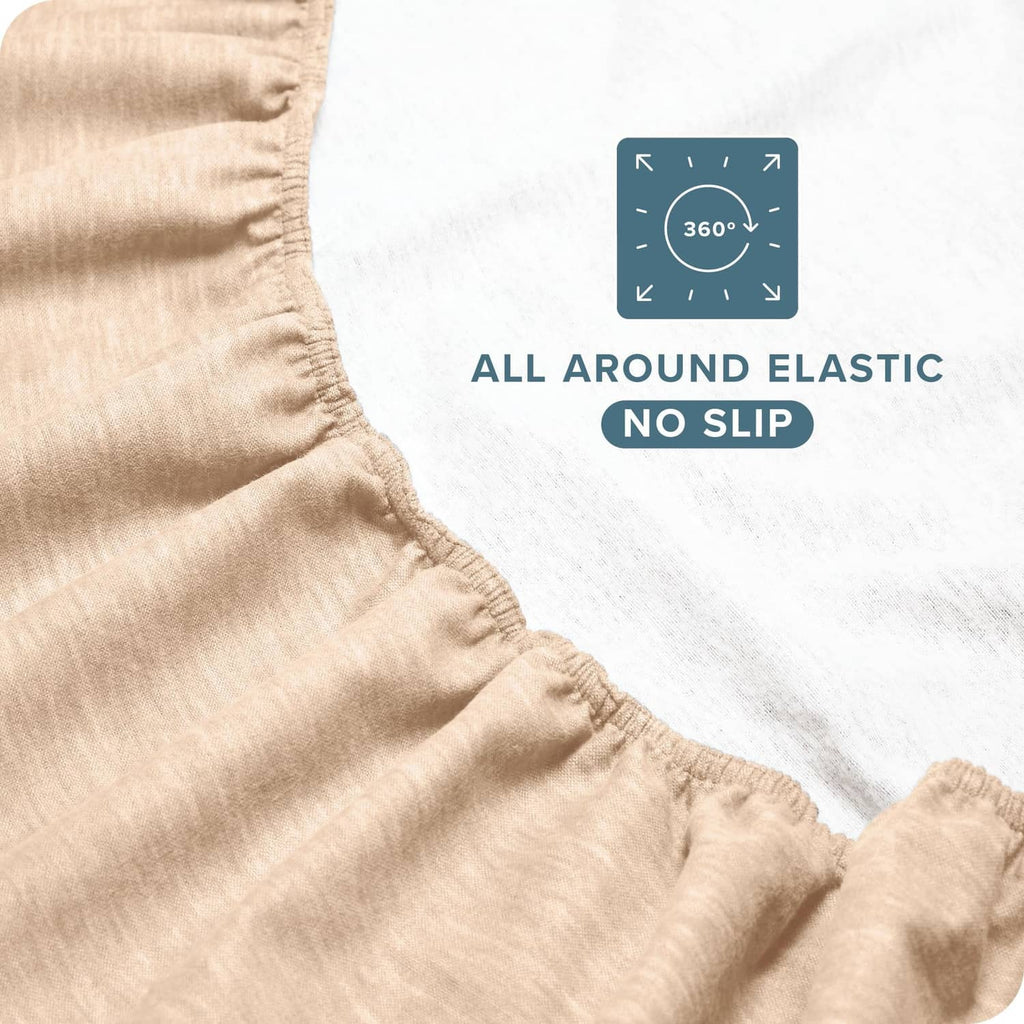 Heathered oatmeal flannel elastic edge bed sheet close-up with gathered hem