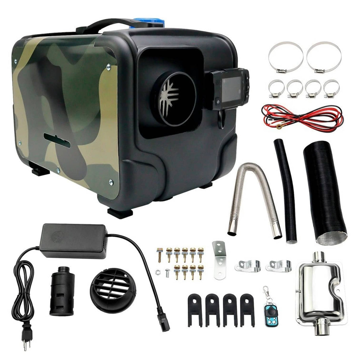 Camouflage diesel air heater with black housing and heat outlet, 12V/24V car kit