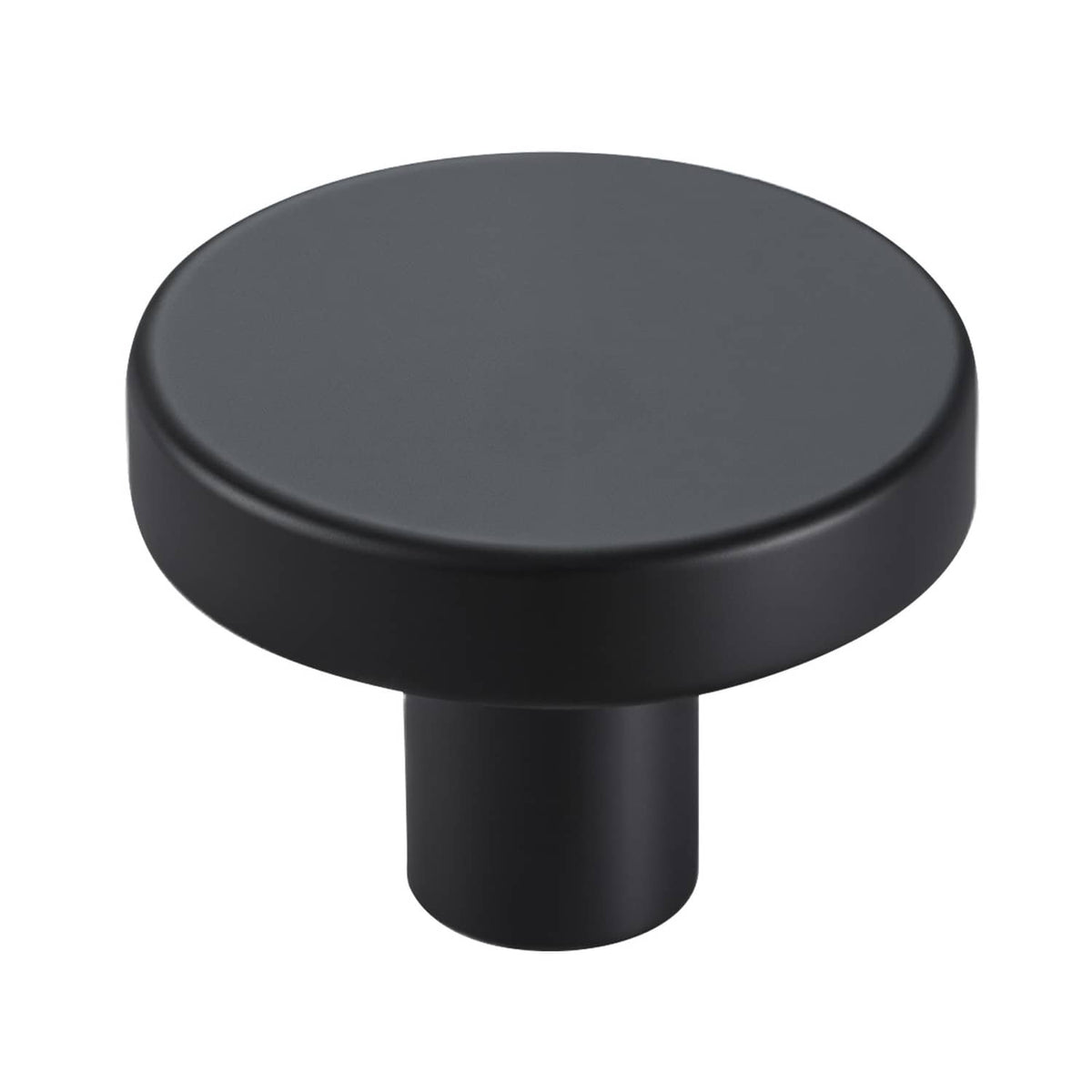 Black mushroom cabinet knob close-up with smooth round top and cylindrical base.