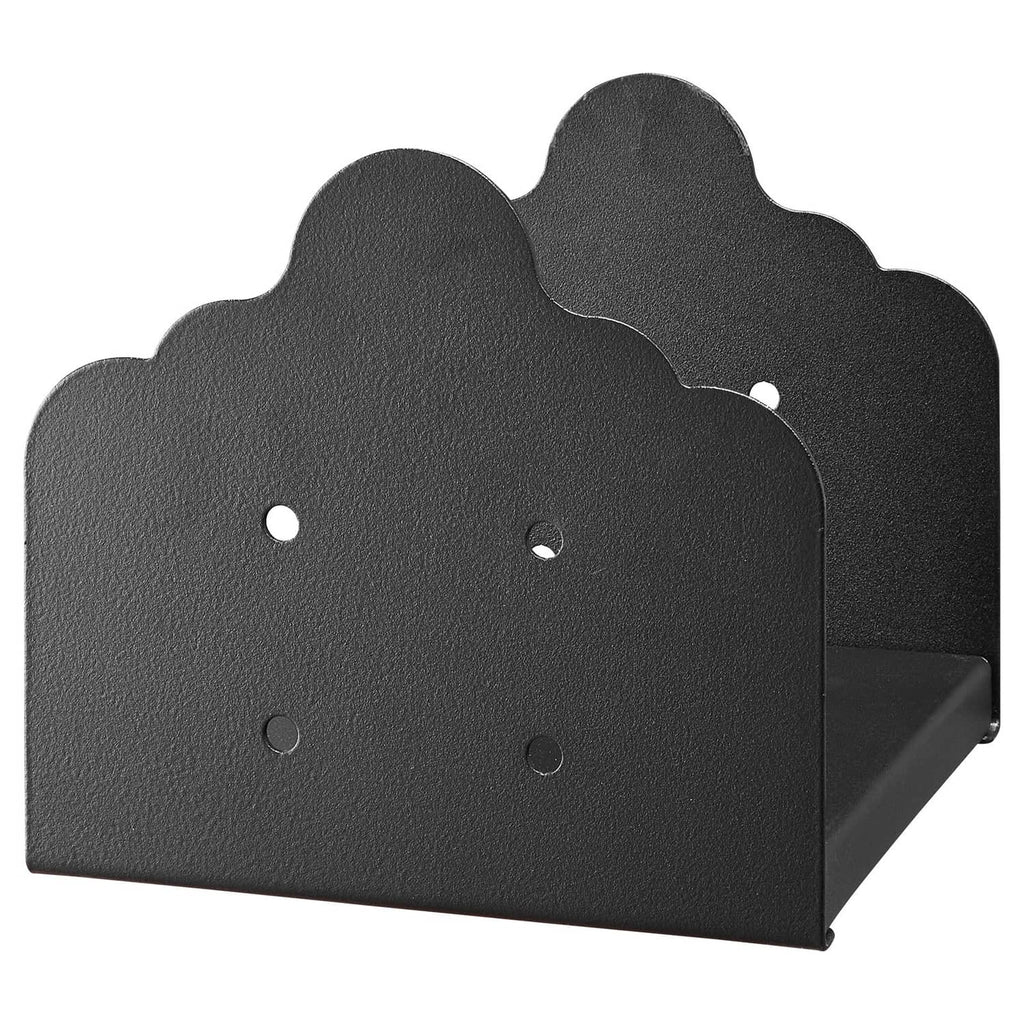 Close-up of black steel post base bracket with bolt holes and raised mounting tray