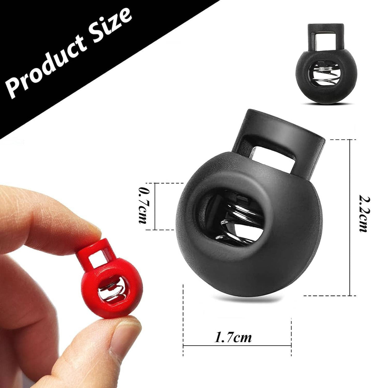 Knitting needle point stoppers: red stopper held by fingers next to black stopper.