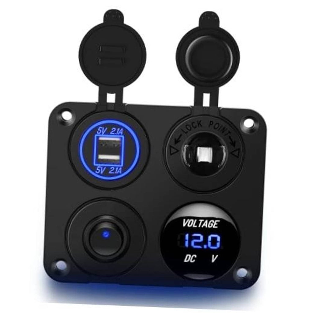 Black 4-in-1 car charger panel with dual USB ports, voltage display, and power switch