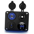 Black 4-in-1 car charger panel with dual USB ports, voltage display, and power switch