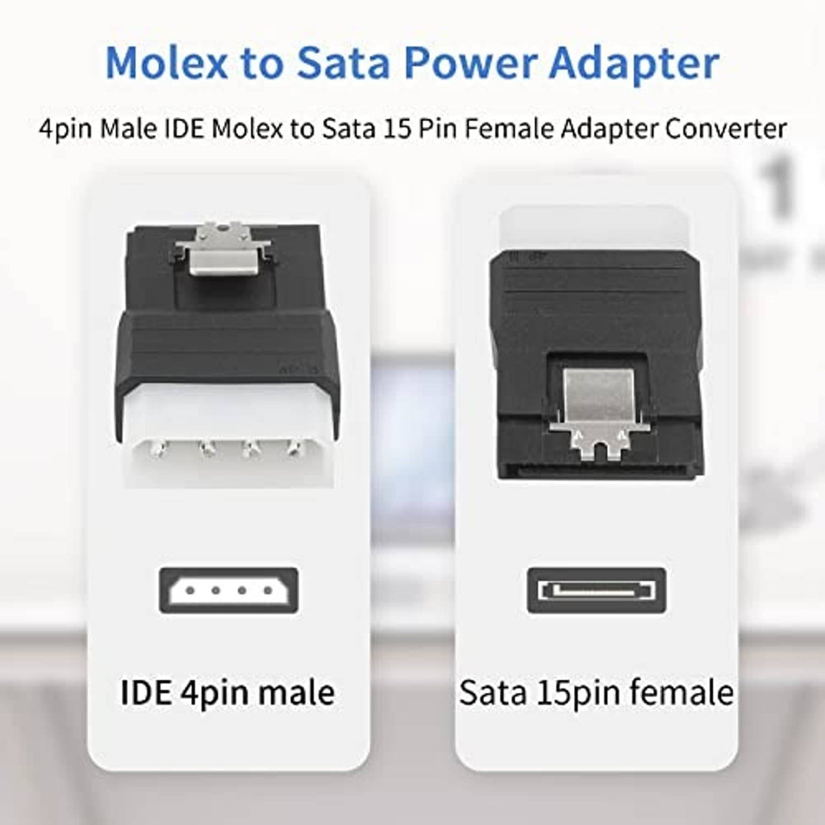 Molex to SATA power adapter showing 4-pin male and 15-pin female ends