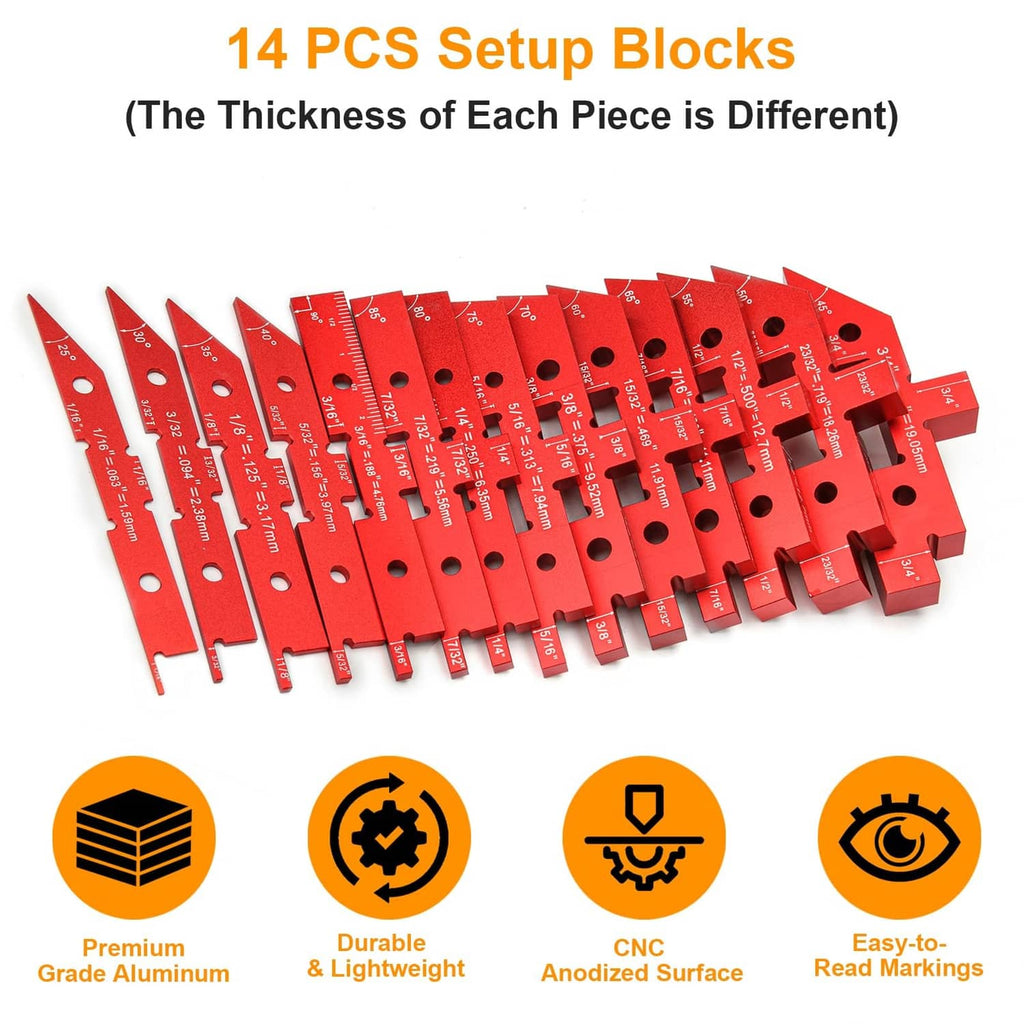 Red aluminum 14-piece setup block set with different thicknesses and marked slots