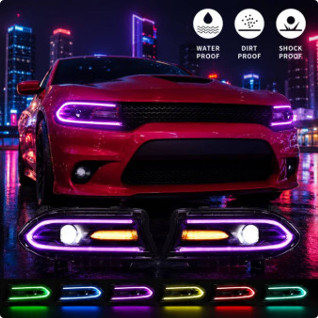 RGB LED projector headlights with purple running lights and dual white projector beams