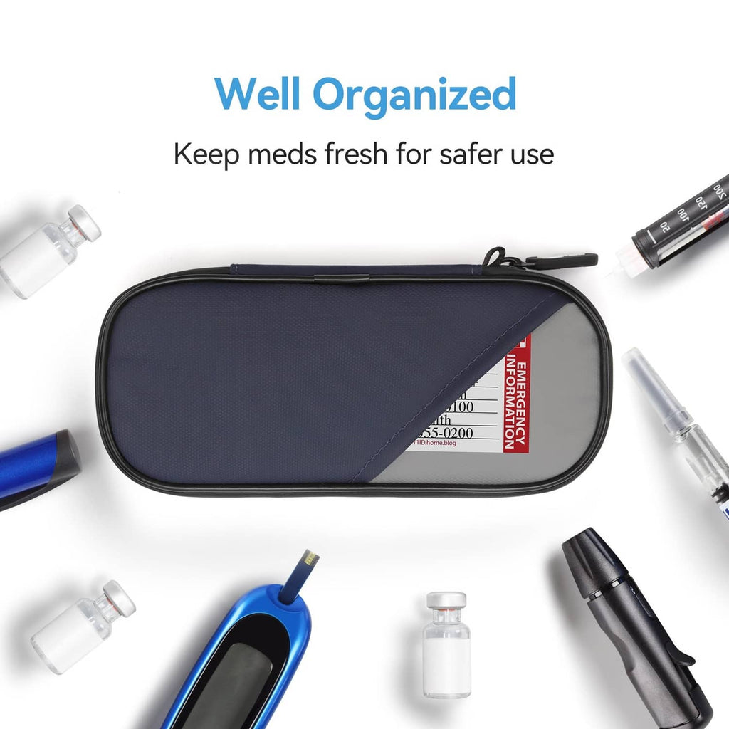 Insulin cooler travel case with dark blue inner panel and gray outer shell, zip closure