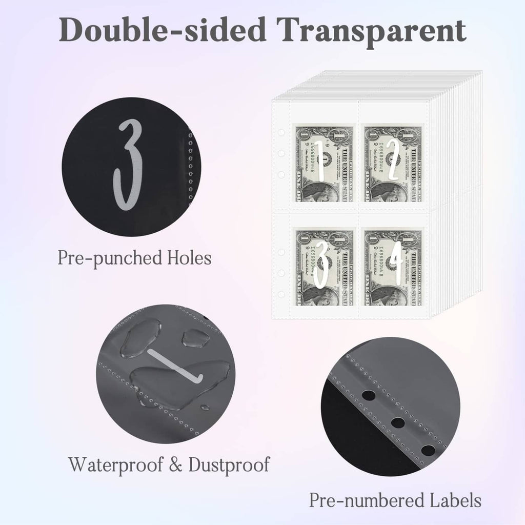 Purple binder pages with transparent envelope insert pockets and pre-punched holes