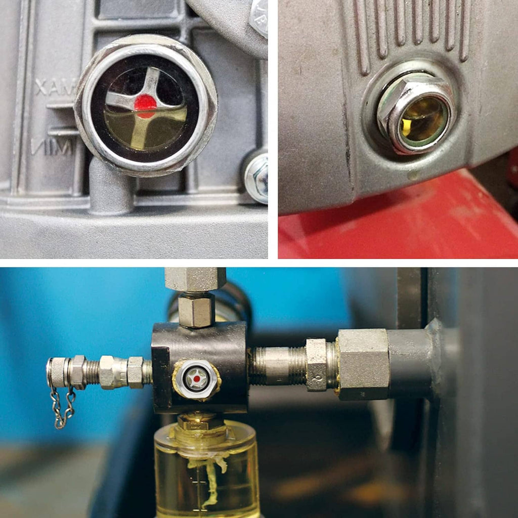Air compressor oil sight glass gauge installed on equipment with red oil level indicator
