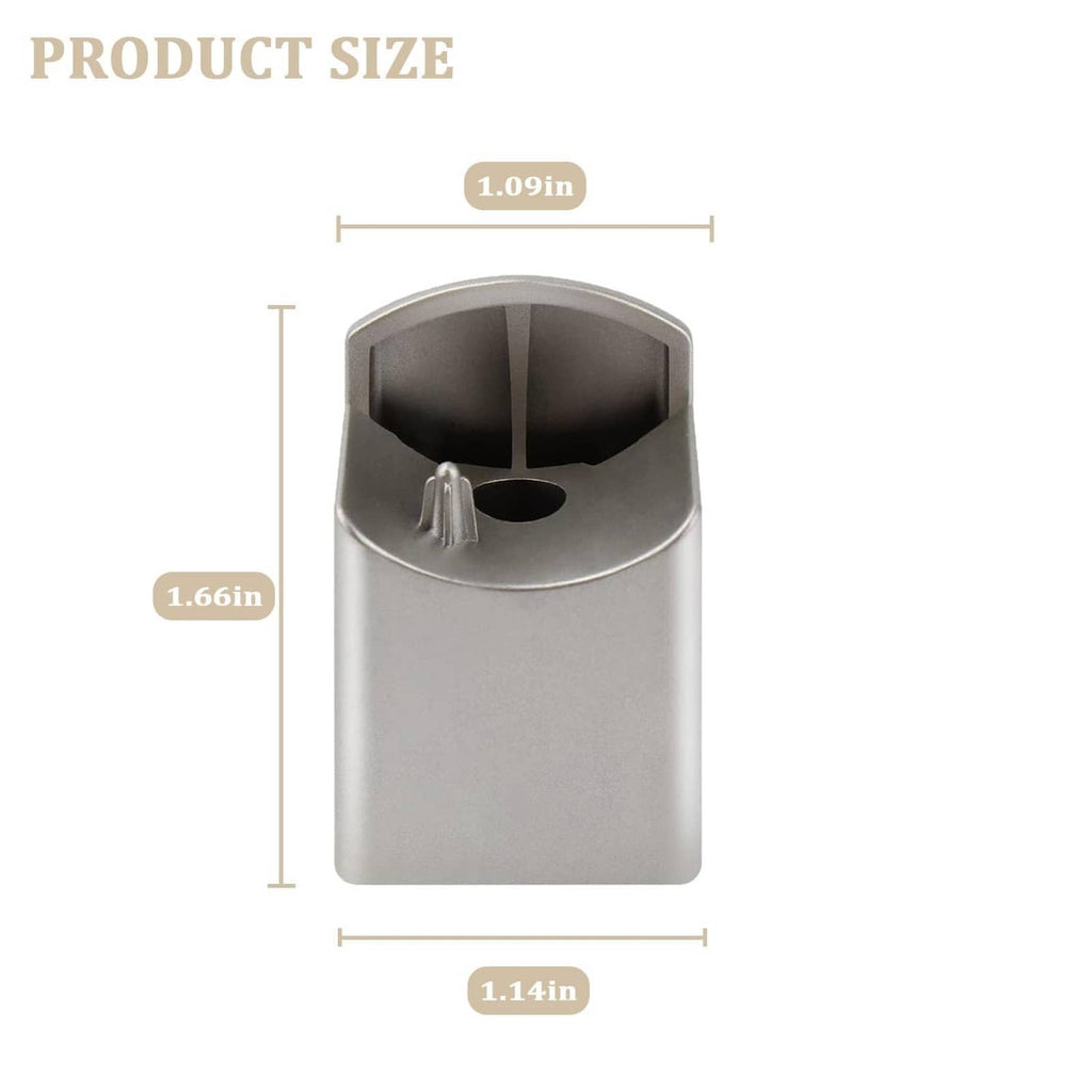Dishwasher handle end cap, light gray metal with curved opening and mounting stem